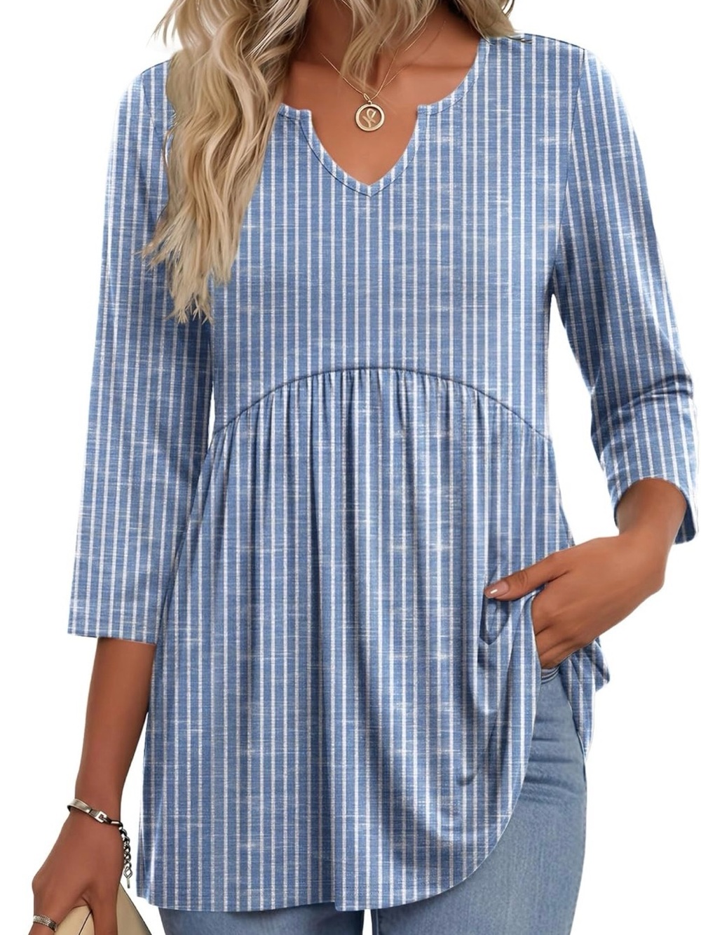 zeagoo Blue & White Vertical Stripe V-Neck Tunic Blouse